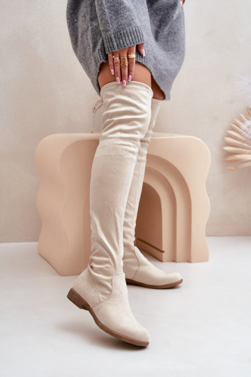 Knee High Flat Heel Boots Made Of Eco Suede Beige Linnithia 2