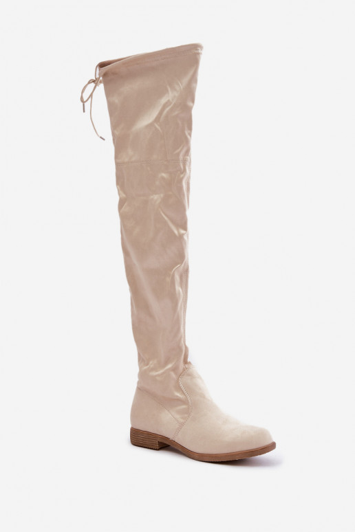 Knee High Flat Heel Boots Made Of Eco Suede Beige Linnithia