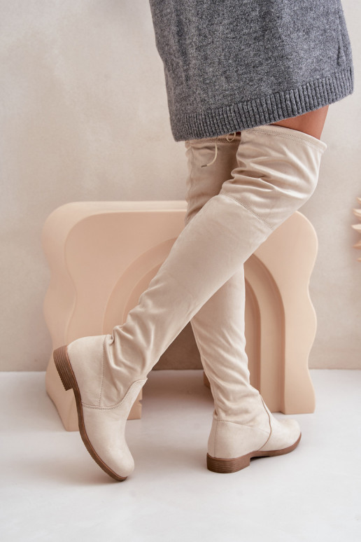Knee High Flat Heel Boots Made Of Eco Suede Beige Linnithia