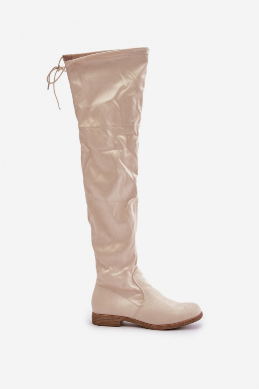 Knee High Flat Heel Boots Made Of Eco Suede Beige Linnithia