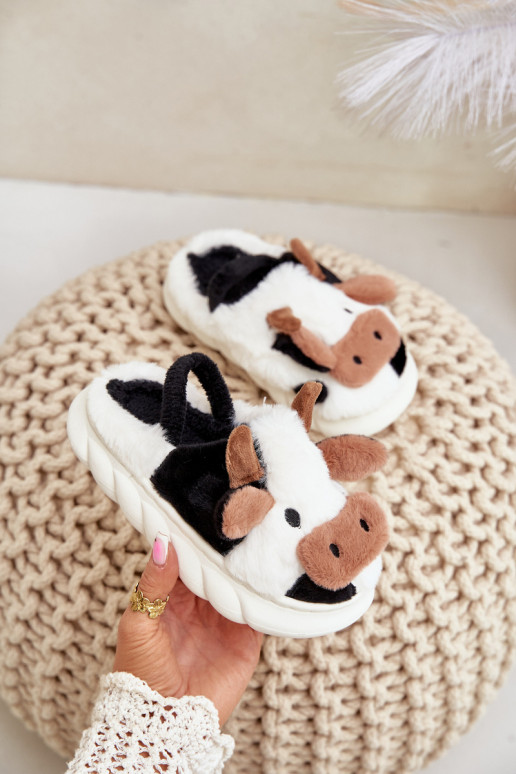 Children's Fur Slippers With Cow Motif White Tamorrin Children's Fur Slippers With Cow Motif White Tamorrin