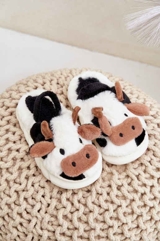 Children's Fur Slippers With Cow Motif White Tamorrin Children's Fur Slippers With Cow Motif White Tamorrin