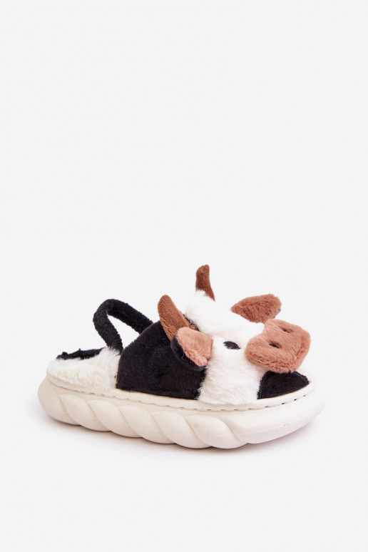 Children's Fur Slippers With Cow Motif White Tamorrin Children's Fur Slippers With Cow Motif White Tamorrin