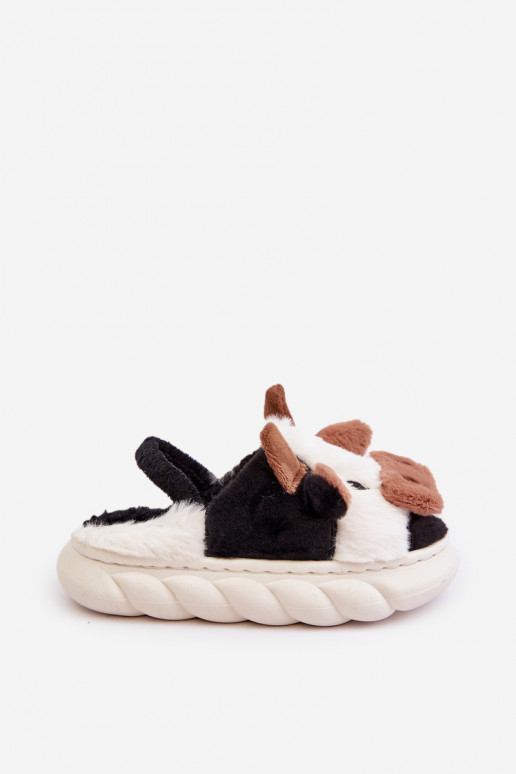 Children's Fur Slippers With Cow Motif White Tamorrin Children's Fur Slippers With Cow Motif White Tamorrin