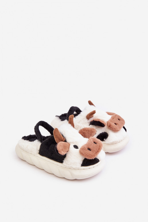 Children's Fur Slippers With Cow Motif White Tamorrin Children's Fur Slippers With Cow Motif White Tamorrin