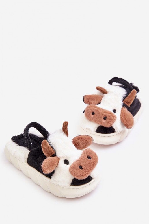 Children's Fur Slippers With Cow Motif White Tamorrin Children's Fur Slippers With Cow Motif White Tamorrin