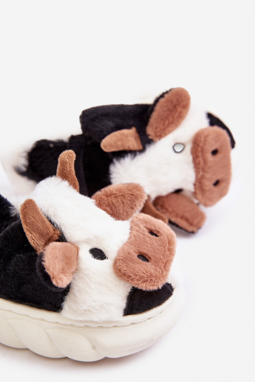 Children's Fur Slippers With Cow Motif White Tamorrin Children's Fur Slippers With Cow Motif White Tamorrin