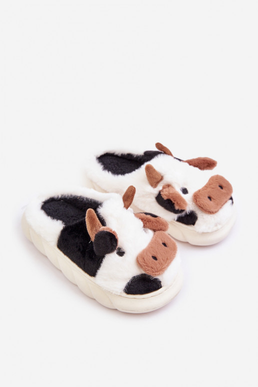 Children's Fur Slippers With Cow Motif White Tamorrin Children's Fur Slippers With Cow Motif White Tamorrin