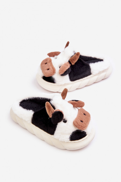 Children's Fur Slippers With Cow Motif White Tamorrin Children's Fur Slippers With Cow Motif White Tamorrin