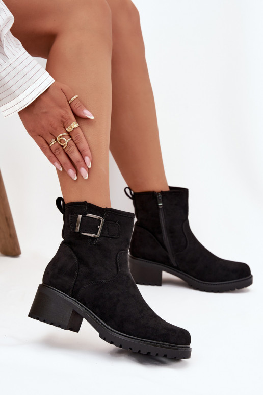 Insulated Women's Ankle Boots Low Heel Block with Buckle Black Helvina