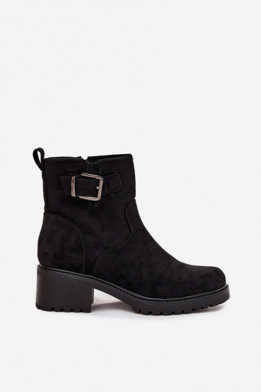 Insulated Women's Ankle Boots Low Heel Block with Buckle Black Helvina