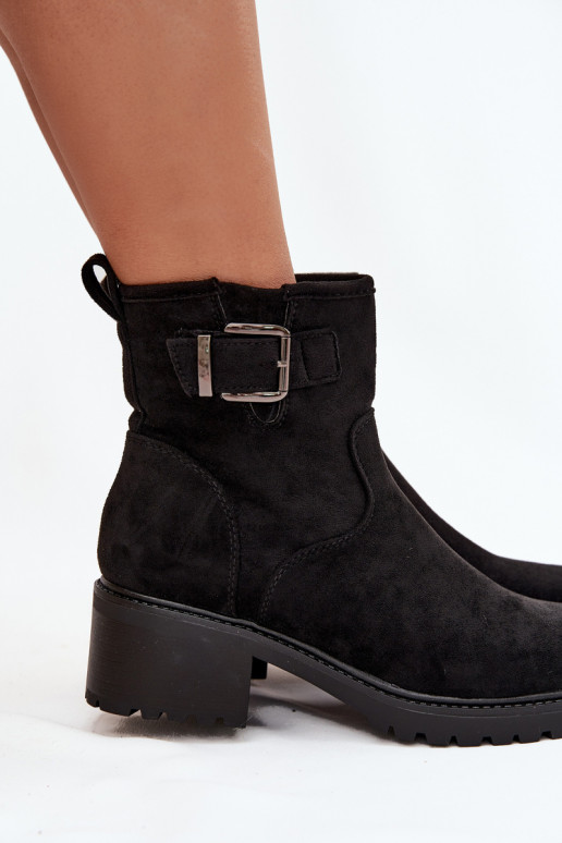 Insulated Women's Ankle Boots Low Heel Block with Buckle Black Helvina