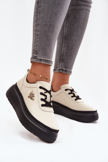 Leather Women's Platform Shoes with Buckle Vinceza 41495 Beige 2