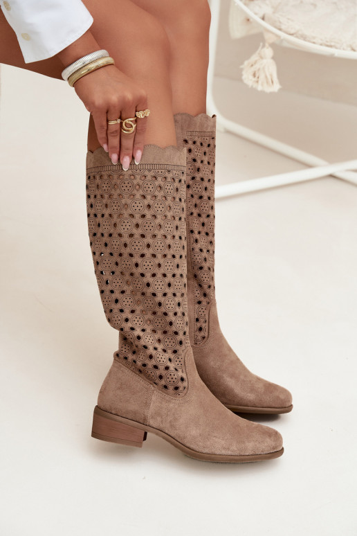 Women's Low Heel Boots with Openwork Pattern Beige Marcelline