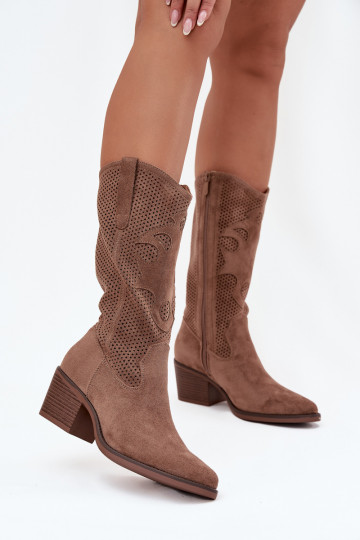 Openwork Cowboy Boots Women's Heeled Dark Beige Olivette 2