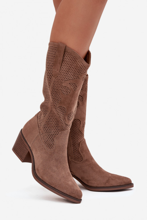 Openwork Cowboy Boots Women's Heeled Dark Beige Olivette