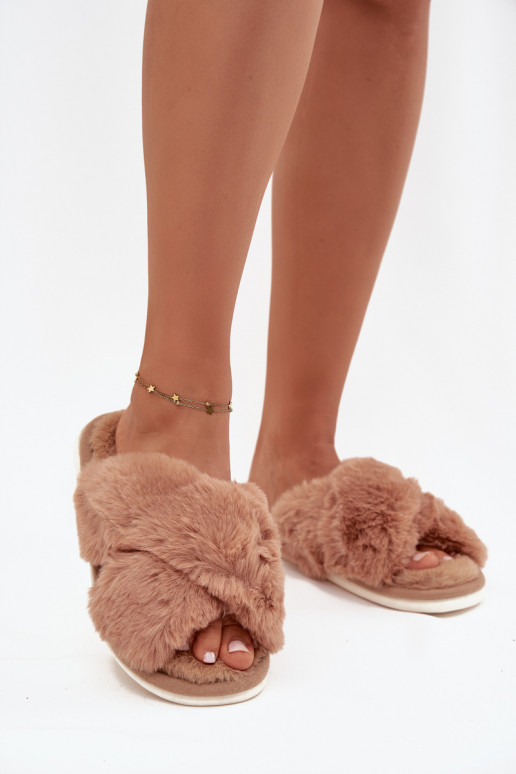 Furry Women's Slippers With Intertwined Straps Camel Quenelle Furry Women's Slippers With Intertwined Straps Camel Quenelle