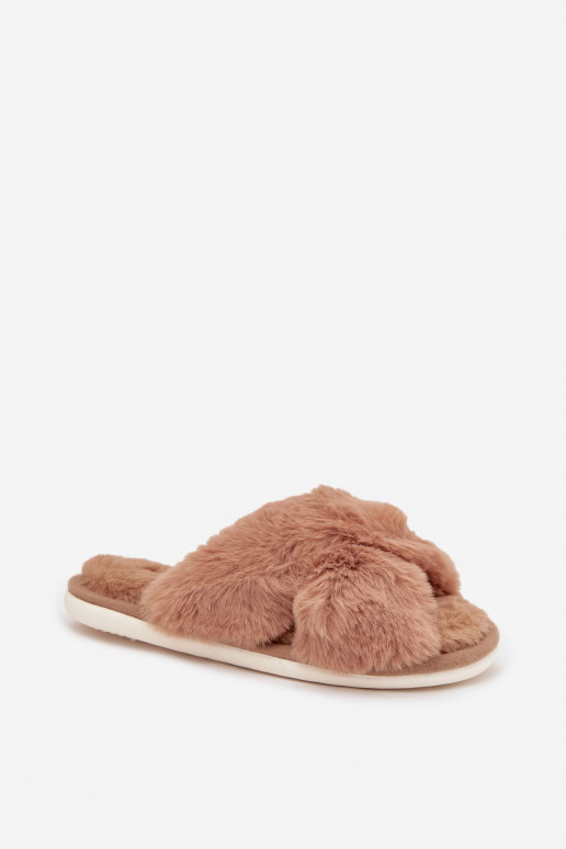 Furry Women's Slippers With Intertwined Straps Camel Quenelle Furry Women's Slippers With Intertwined Straps Camel Quenelle