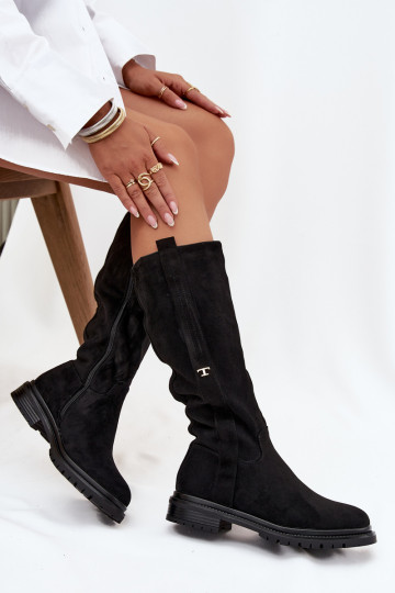 Women's Insulated Flat Heel Boots Eco Suede Black Delyssa