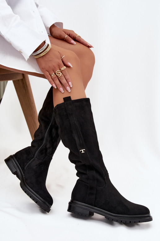 Kozaki Damskie Ocieplane Na płaskim Obcasie Eko Zamszowe Czarne Delyssa