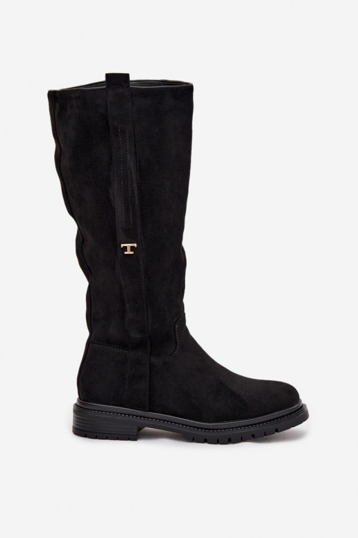 Women's Insulated Flat Heel Boots Eco Suede Black Delyssa Women's Insulated Flat Heel Boots Eco Suede Black Delyssa