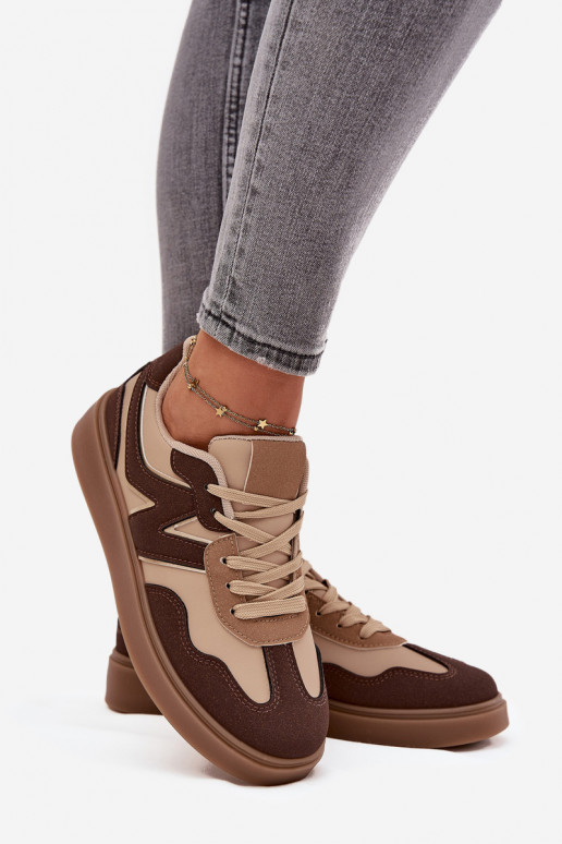 Sneakersy Damskie Niskie Eko Skórzane Brązowe Givelle