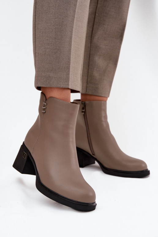 Leather Insulated Women's Ankle Boots on Block Vinceza 91159 Dark Beige Leather Insulated Women's Ankle Boots on Block Vinceza 91159 Dark Beige