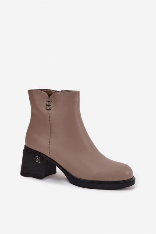 Leather Insulated Women's Ankle Boots on Block Vinceza 91159 Dark Beige Leather Insulated Women's Ankle Boots on Block Vinceza 91159 Dark Beige