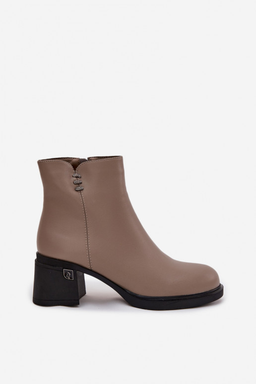 Leather Insulated Women's Ankle Boots on Block Vinceza 91159 Dark Beige Leather Insulated Women's Ankle Boots on Block Vinceza 91159 Dark Beige