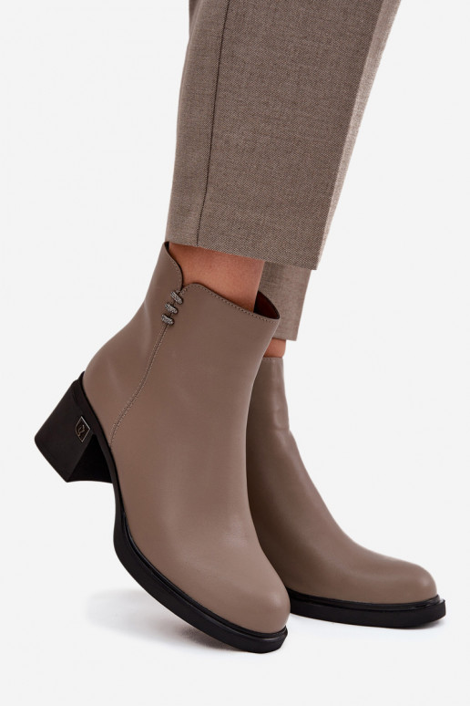 Leather Insulated Women's Ankle Boots on Block Vinceza 91159 Dark Beige Leather Insulated Women's Ankle Boots on Block Vinceza 91159 Dark Beige