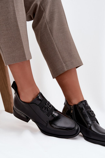 Patent Leather Leather Women's Shoes Low Heel With Decorative Detail Vinceza 91161 Black