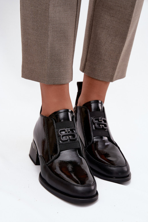 Patent Leather Leather Women's Shoes Low Heel With Decorative Detail Vinceza 91161 Black