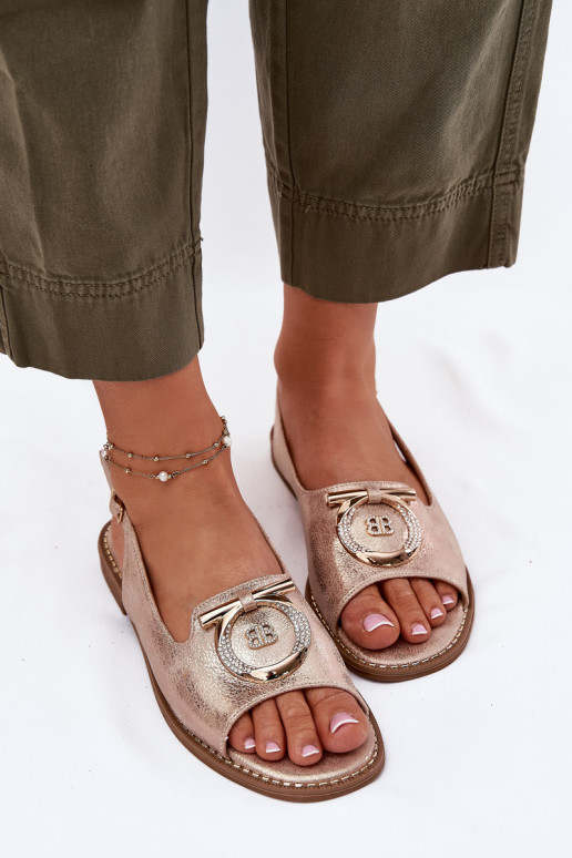 Elegant Sandals With Decoration On Flat Heel S.Barski KV51-003 Rose Gold Elegant Sandals With Decoration On Flat Heel S.Barski KV51-003 Rose Gold