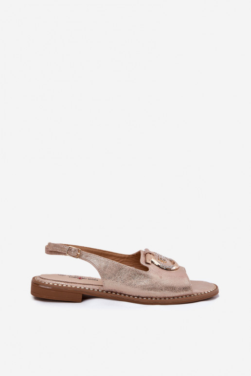 Elegant Sandals With Decoration On Flat Heel S.Barski KV51-003 Rose Gold Elegant Sandals With Decoration On Flat Heel S.Barski KV51-003 Rose Gold