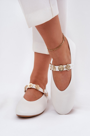 Women's Ballet Flats With Strap And Golden Decorations White Firicene 2