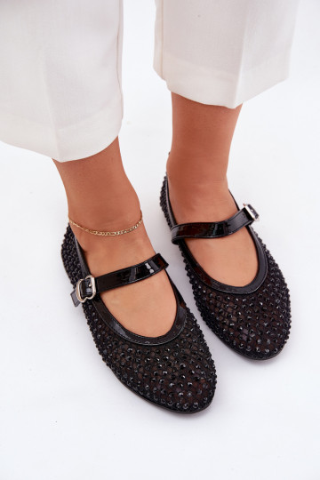 Embellished Women's Ballerinas With Strap And Buckle Black Avirae