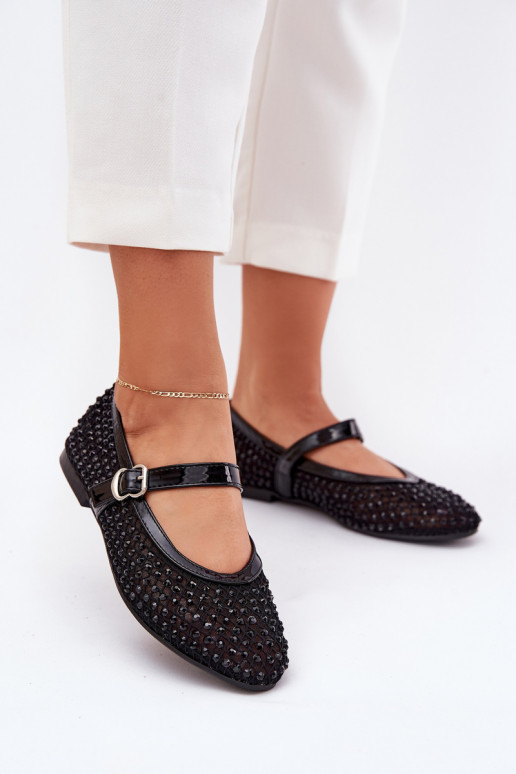Embellished Women's Ballerinas With Strap And Buckle Black Avirae Embellished Women's Ballerinas With Strap And Buckle Black Avirae