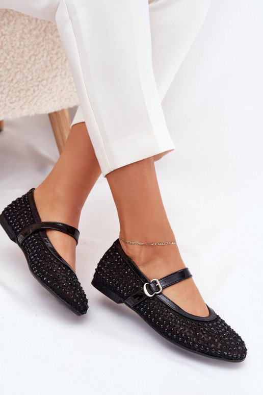 Embellished Women's Ballerinas With Strap And Buckle Black Avirae Embellished Women's Ballerinas With Strap And Buckle Black Avirae