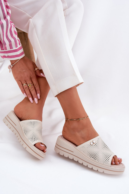 Women's Leather Wedge Sandals Beige Vinceza 41477 Women's Leather Wedge Sandals Beige Vinceza 41477