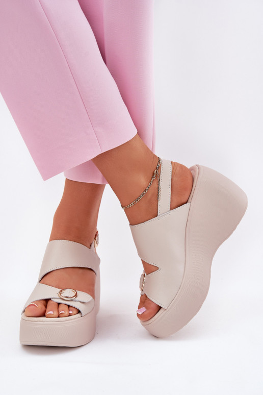 Leather Women's Sandals On Wedge And Platform S.Barski LR51-540 Beige Leather Women's Sandals On Wedge And Platform S.Barski LR51-540 Beige