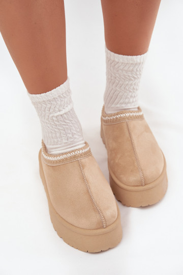 Low Women Snow Boots With Embroidery On Platform Light Beige Narirya