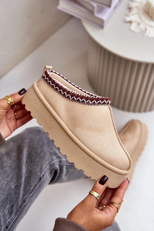 Low Women Snow Boots With Embroidery On Platform Light Beige Narirya