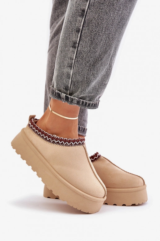 Low Women Snow Boots With Embroidery On Platform Light Beige Narirya