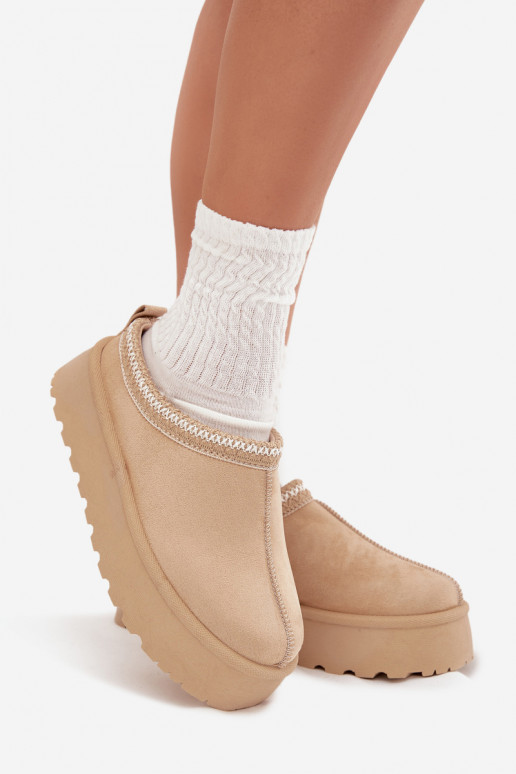 Low Women Snow Boots With Embroidery On Platform Light Beige Narirya