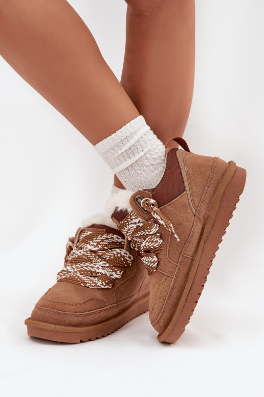 Suede Women's Snow Boots With Fur and Thick Lacing Vinceza 97963 Camel