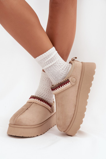 Women's Low Snow Boots With Movable Strap And Embroidery On Platform Light Beige Lyrisse