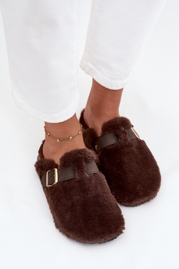 Faux fur women's slippers on a platform with a strap and buckle brown Noraline