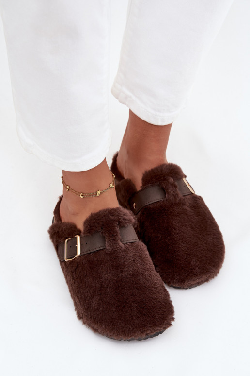 Faux fur women's slippers on a platform with a strap and buckle brown Noraline Faux fur women's slippers on a platform with a strap and buckle brown Noraline