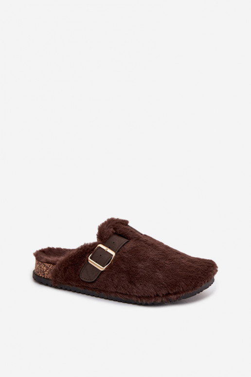 Faux fur women's slippers on a platform with a strap and buckle brown Noraline Faux fur women's slippers on a platform with a strap and buckle brown Noraline