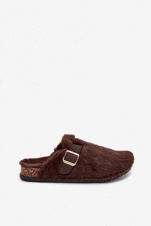 Faux fur women's slippers on a platform with a strap and buckle brown Noraline Faux fur women's slippers on a platform with a strap and buckle brown Noraline